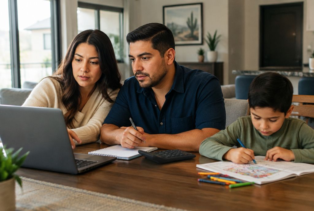 Young parents at a dining table with a laptop and calculator while their son colors, working out school costs in McAllen